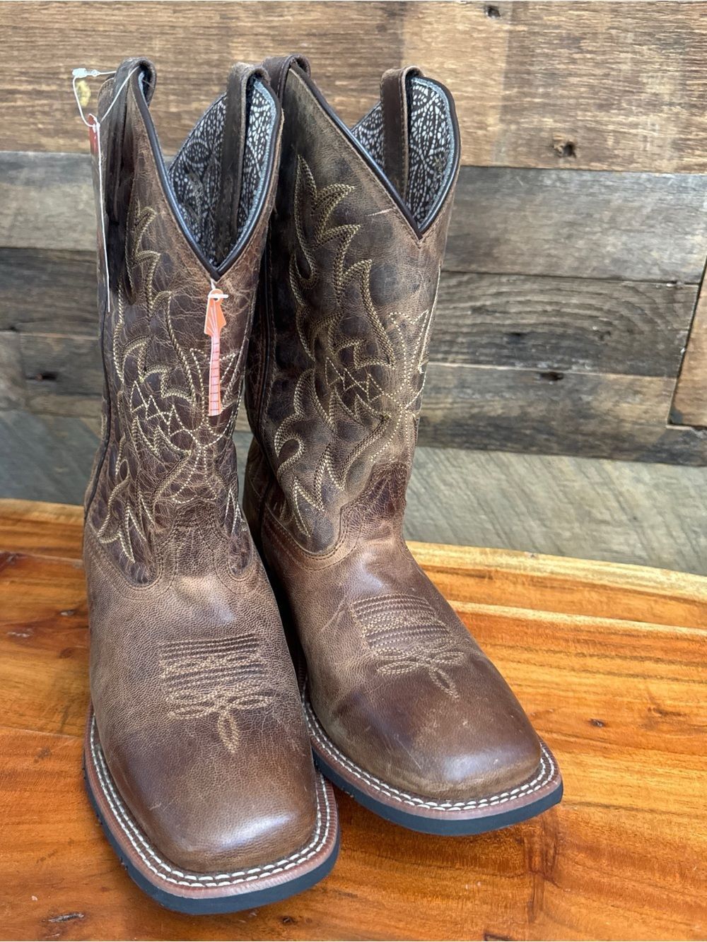 Laredo Cowboy Distressed Brown Leather Square Toe Western Boots NWT 9.5W